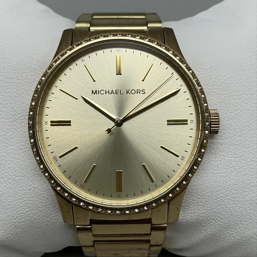 Michael Kors Bailey Womens Watch 38mm Gold Tone Crystal MK-3808 New Battery 6.5
